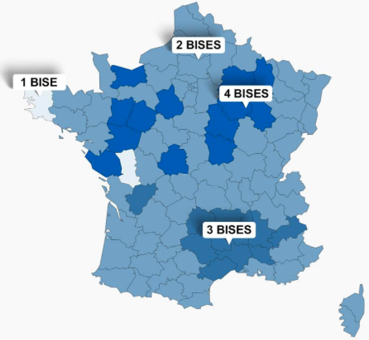 Carte de France indiquant le nombre de bises par région